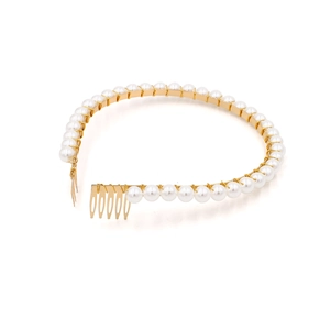 Elegant gold pearl headband for women featuring white beads and side hair combs