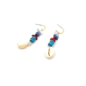 Bohemian drop earrings featuring natural shells and turquoise beads on white background