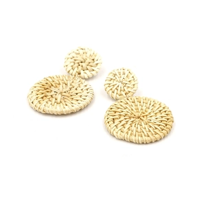 Bohemian style double circle rattan woven earrings in natural beige with handmade texture