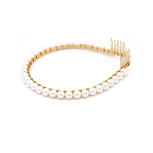 Fashion pearl headband with gold metal frame and integrated hair comb for secure fit