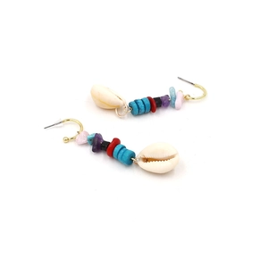 Bohemian beaded dangle earrings with colorful stones and white seashell charms