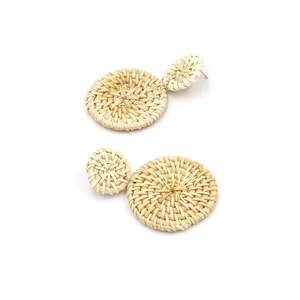 Bohemian double circle woven rattan earrings with natural beige straw texture