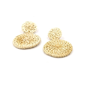 Bohemian style handmade woven rattan drop earrings featuring a natural beige oval design