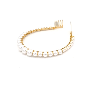 Serre-tête doré élégant avec perles blanches dégradées pour un look de coiffure chic femme