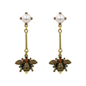 Vintage Bee Dangle Earrings Zinc Alloy With Imitation Artificial Pearl And Rhinestones Long Drop Earrings For Women Elegant Animal Jewelry