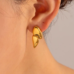 18K gold plated double layer water drop earrings with a polished geometric teardrop design