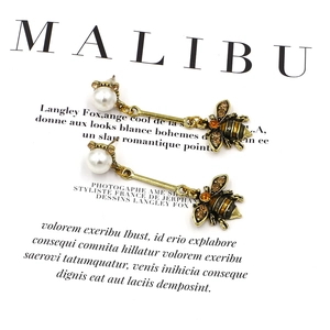 Vintage long bee drop earrings with pearls and rhinestones on gold alloy base