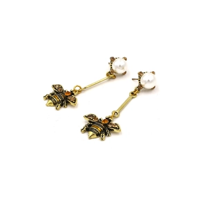 Vintage long bee drop earrings with pearls and crystals in antique gold finish