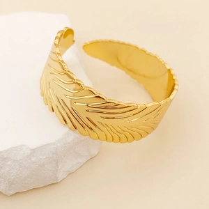 18K gold plated wheat ear open bangle bracelet with detailed feather texture for women