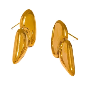 Polished 18K gold plated double layer irregular teardrop stud earrings for women