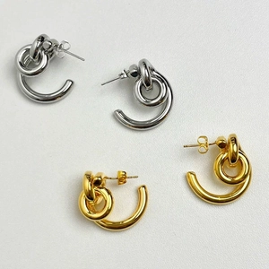 Geometric Irregular Knot Earrings Copper Metal Interwoven Double Hoop With Silver Earring Post Jewelry For Women