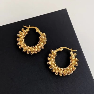 Women Textured Hoop Earrings Copper Metal Bead Woven Design Minimalist Fashion Elegant Jewelry Accessory