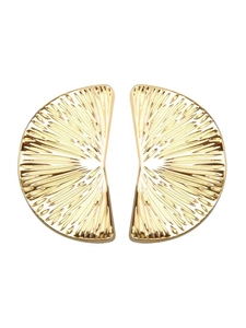 Macro detail of golden metal fan earrings with fine radial sunray texture design
