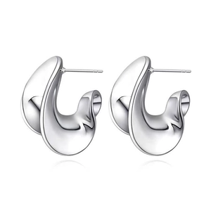 Polished silver spiral earrings with irregular fluid organic design on white background