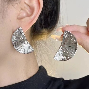 Fan Shaped Earrings Copper Pleated Textured Geometric Radial Pattern Minimalist Fashion Jewelry Accessories For Women