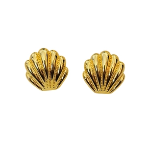 French vintage style gold shell stud earrings with polished metallic ribbed texture