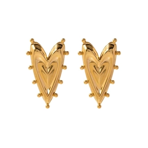 Exaggerated geometric heart earrings in 18K gold plated copper with beaded edge details