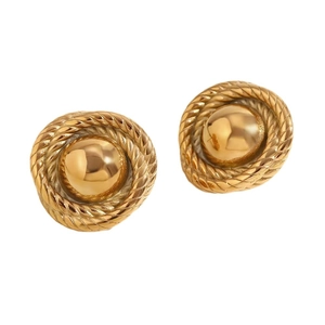 Vintage 18K gold plated copper earrings with polished dome and rope-twist texture