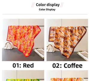 Detail view of square silk scarves with abstract red and brown oil painting prints
