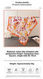 Vue détaillée du foulard en satin orange avec les dimensions et instructions de lavage