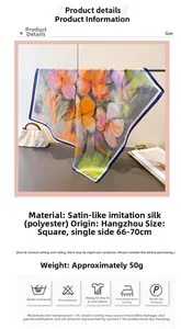 Détails d'un foulard en satin à motif floral avec bordures et spécifications