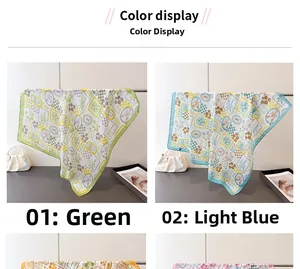 Detail view of printed silk scarves in green and blue with retro geometric and animal patterns