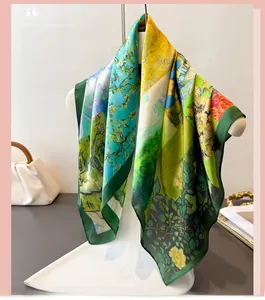 Detailed texture of Van Gogh style sunflower oil painting print on premium silk scarf