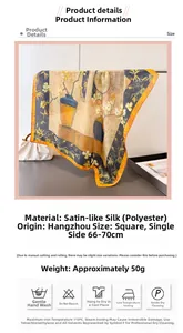 Detailed view of artistic floral silk scarf showing premium satin texture and size specs