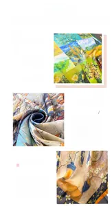 Close-up of artistic oil painting print and fine edge stitching on silk square scarf