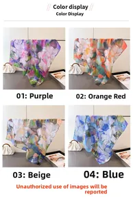 Detail display of four color variations for silk square scarf with lotus dragonfly print
