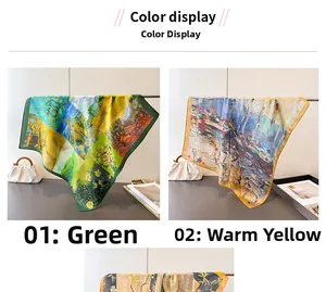 Detail of oil painting style silk scarves in green and warm yellow artistic prints