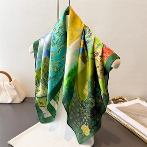 Women Oil Painting Print Satin Scarf Square Headscarf Artistic Van Gogh Style Satin Neck Scarf Versatile Elegant Accessory
