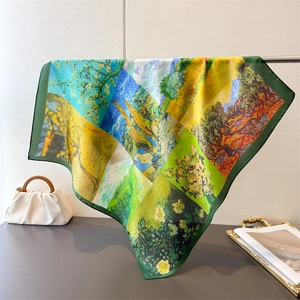 Artistic oil painting silk scarf with Van Gogh sunflower and starry night landscape print