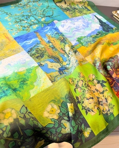 Close-up of silk scarf featuring Van Gogh oil painting prints with smooth satin texture