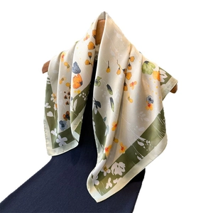 Elegant floral print satin square scarf with green borders and countryside pattern