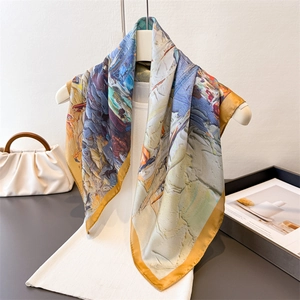 Elegant abstract oil painting silk scarf with vibrant blue and orange floral art patterns