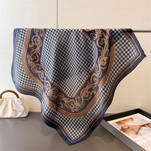 Houndstooth silk-feel square scarf with baroque gold patterns and glossy satin finish