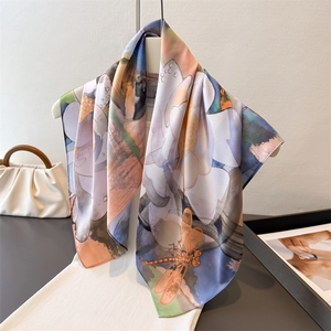 Floral print silk scarf with lotus pond and orange dragonfly pattern for women