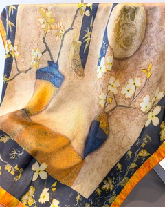 Detailed view of floral silk scarf featuring elegant artistic oil painting flower prints