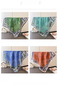Detailed grid view of paisley printed square scarves in green, blue and orange silk