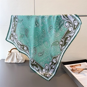 Elegant mint green paisley satin square scarf with olive floral borders and silky shine