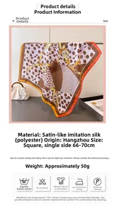 Detailed view of polka dot and chain print silk scarf with dimensions and care guide