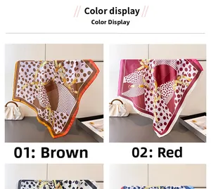 Detailed color display of polka dot and chain print silk scarves in brown and red shades