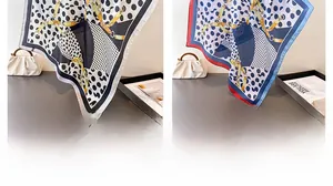 Polka dot and golden chain print silk-like square scarf in black and blue styles