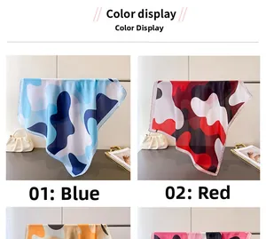 Detail view of abstract camouflage print silk scarves in blue and red color options
