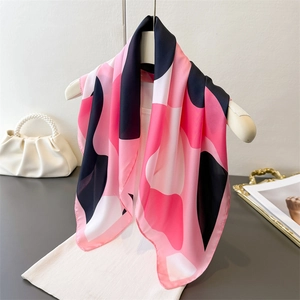 Artistic silk-feel square scarf with pink and black abstract geometric patterns for women