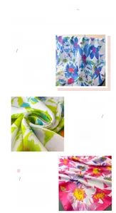 Detailed views of digital floral prints and fine stitching on a faux silk square scarf