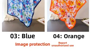Detailed close-up of blue and orange floral silk scarves with elegant glossy texture