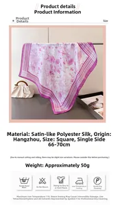 Close-up of square satin scarf showing purple floral print and 70cm size measurement