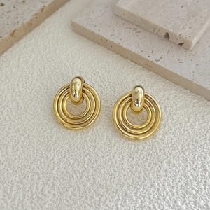 Modern 18K gold plated multi-layered geometric disc earrings with glossy finish